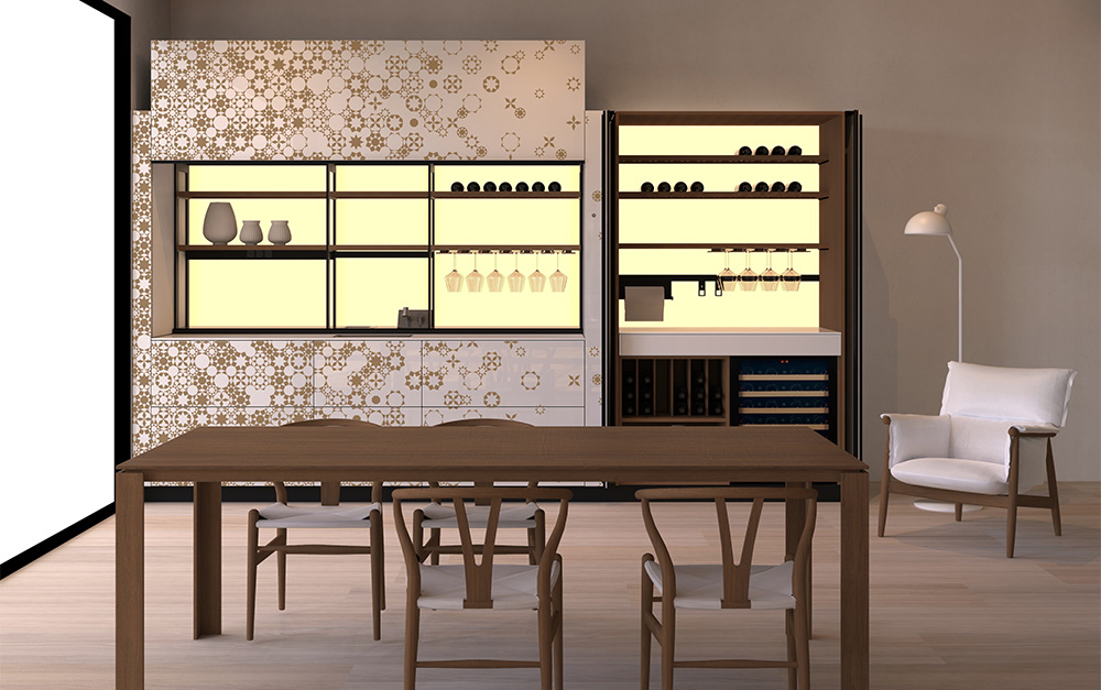 LOGICA CELATA + RECEDING DOORS interior design with artistic kitchen